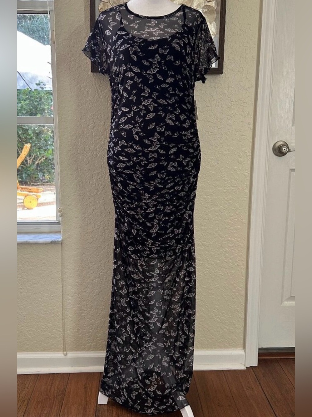 Sheer Black Mesh Overlap/Overlay Butterfly Maxi Dress
